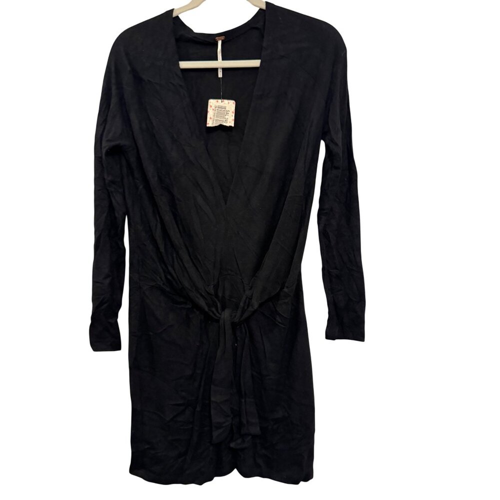 Free People Womens Cardigan M Black Knit Long Sleeve Open Front Tie Waist